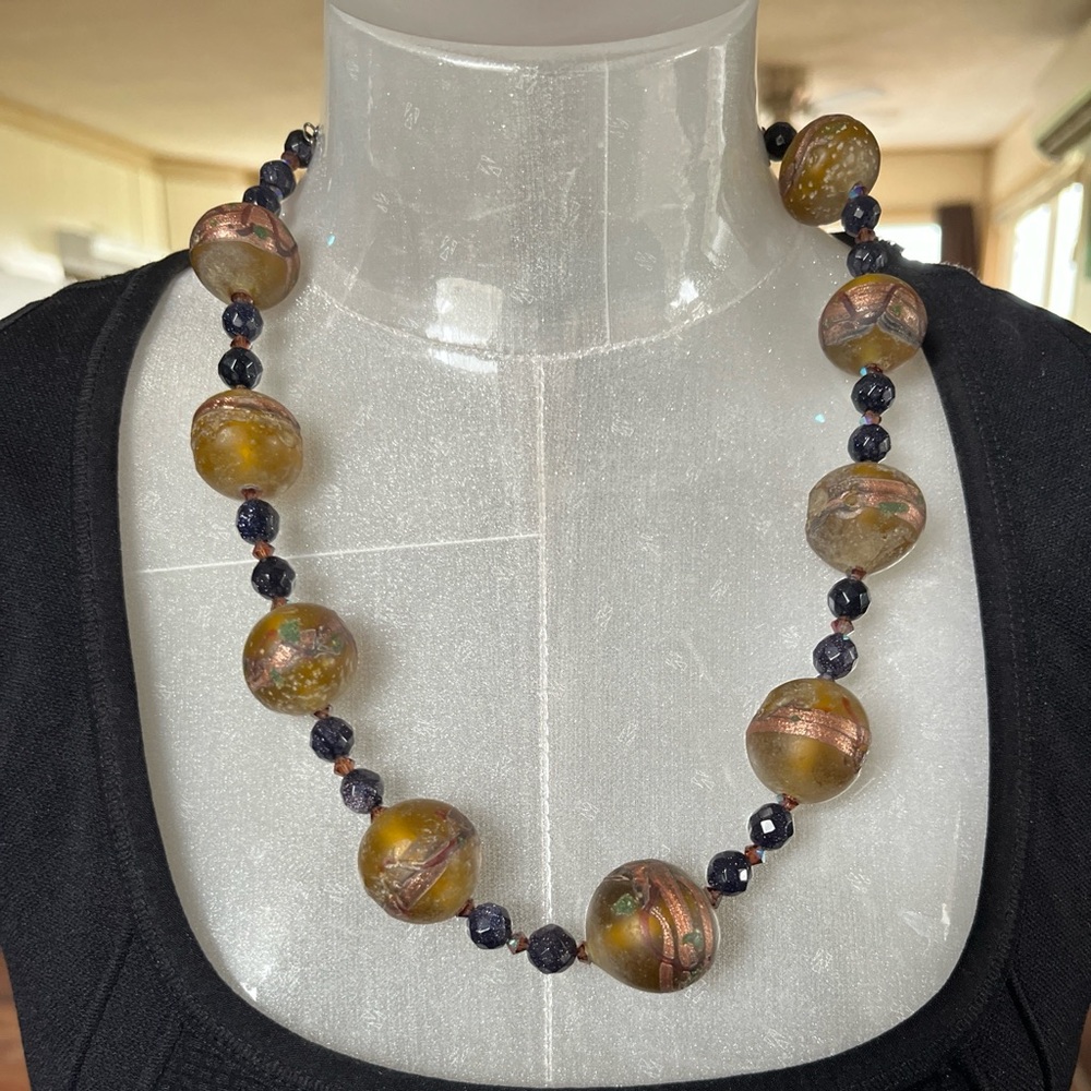 Artisan Statement Necklace – Venetian-Style Glass Beads, Blue Goldstone